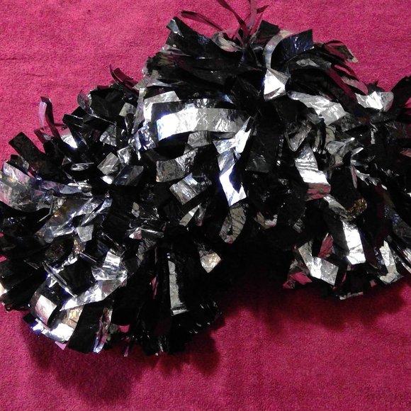 Varsity Poms (Set of two) - Black & Silver - Cheer Dance Costume Dress Up Play - Picture 1 of 2